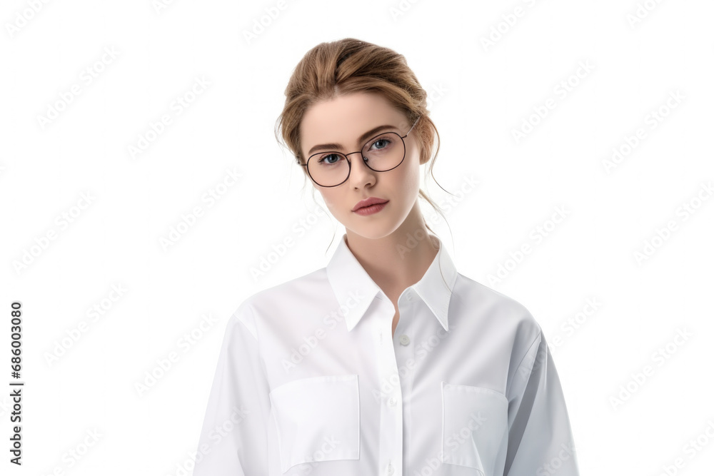 A woman is pictured wearing glasses and a white shirt. This versatile image can be used in various contexts