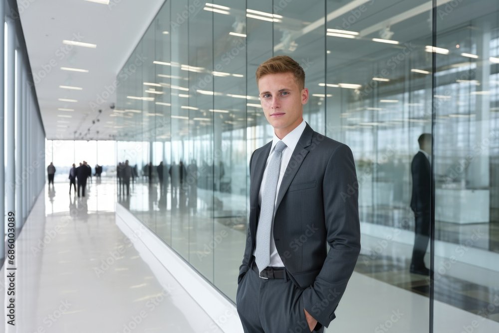 A professional man wearing a suit standing confidently in front of a sleek glass wall. This image can be used to portray concepts such as success, leadership, business, and professionalism A professional man wearing a suit standing confidently in front of a sleek glass wall. This image can be used to portray concepts such as success, leadership, business, and professionalism