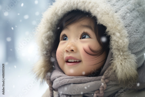 A cute little girl is wearing a furry hat and scarf. This image can be used to depict winter fashion or a child getting ready for cold weather