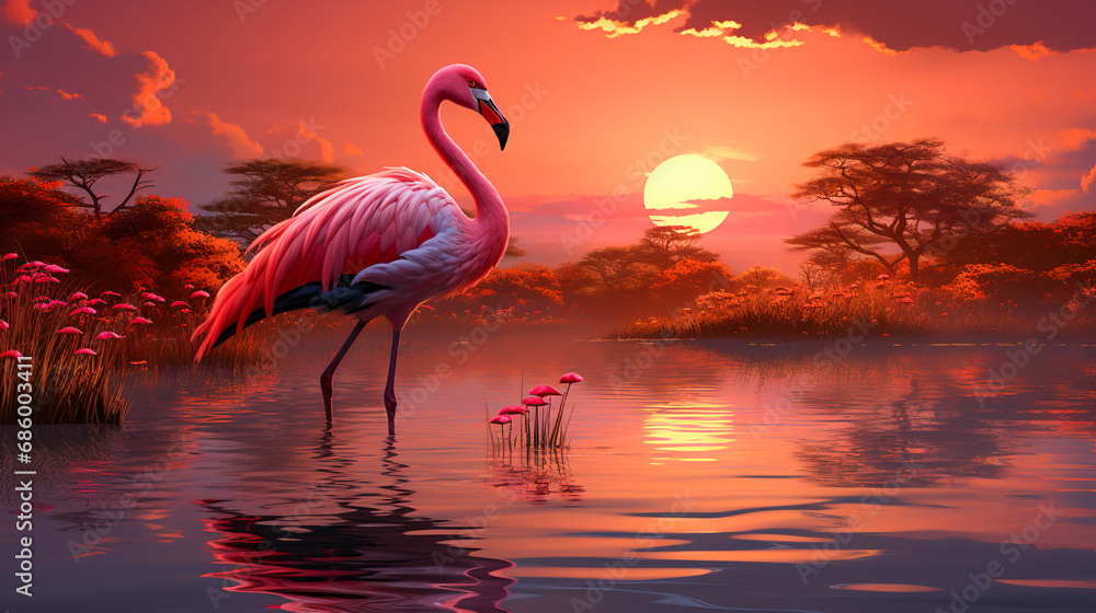 Fototapeta premium Lone Flamingo Ballet at Sunset.