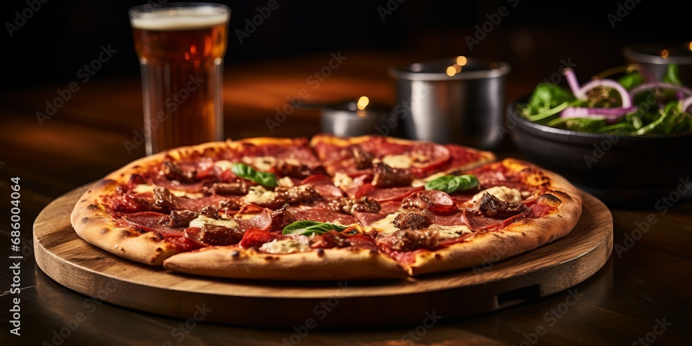 Pizza Margherita. Rustic Wooden Background Setting