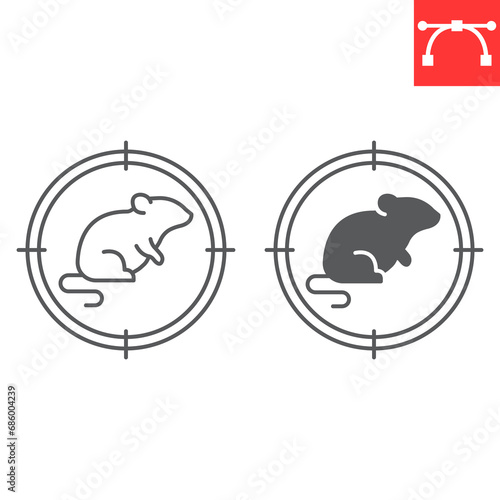 Rat target line and glyph icon, pest control and kill rodent, rat in crosshair vector icon, vector graphics, editable stroke outline sign, eps 10.