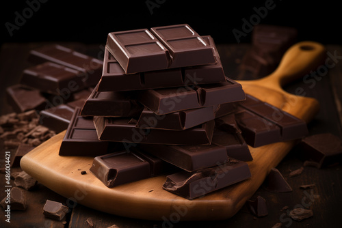 Chocolate on wooden board dark background
