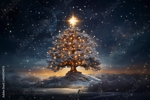 Christmas card with Magic Tree , copy space, generative ai © Nia™