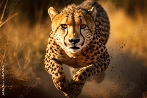 Cheetah running in Kruger National Park, South Africa ; Specie Acinonyx jubatus family of Felidae, A cheetah running in close-up, AI Generated