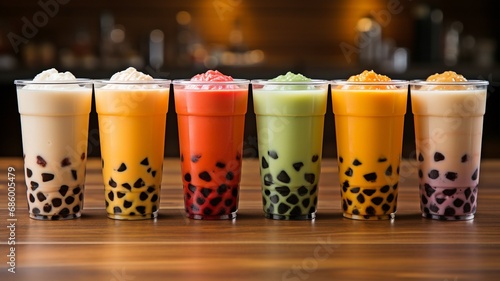 A row of brand-new bubble tea glasses with boba on a wooden backdrop.. photo