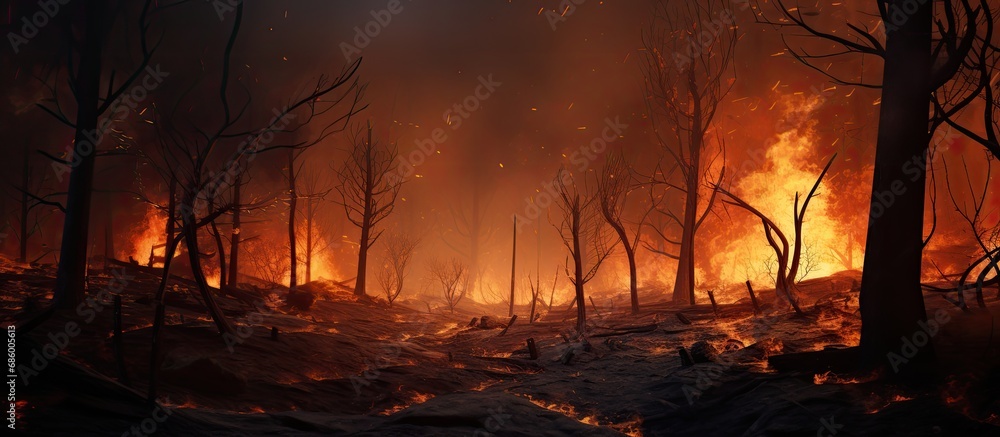 Forest fire is a natural disaster that involves the burning and destruction of trees, leaving behind scorched remains and ashes.