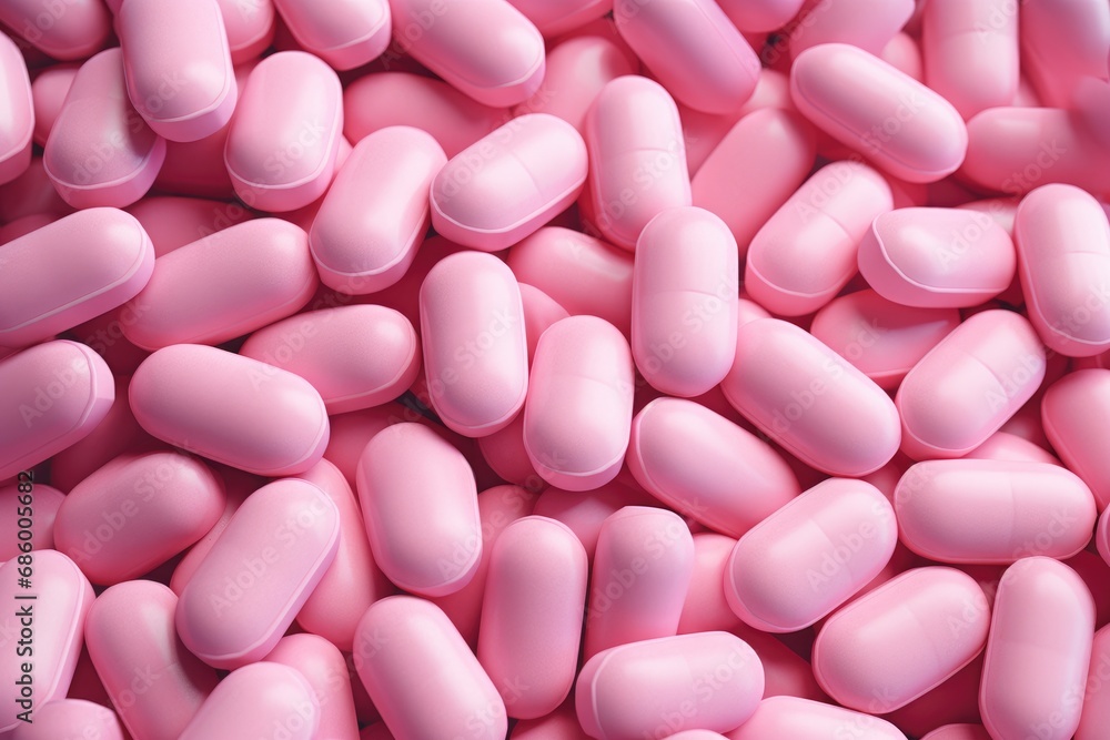 Pink pills background. Top view. 3d rendering, 3d illustration, A lot of pink medicine pills, AI Generated
