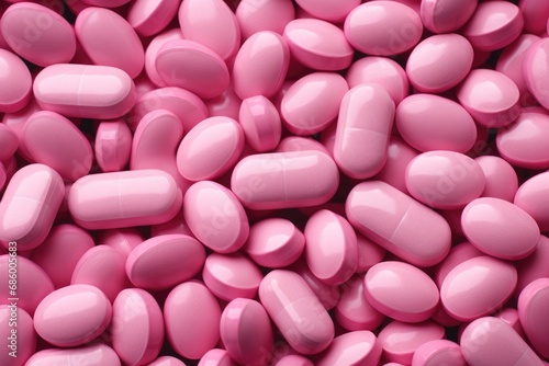 Pink pills background. Medical background. Top view. Copy space, A lot of pink medicine pills, AI Generated