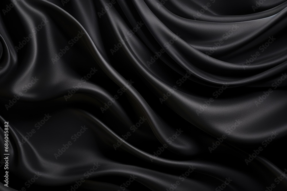 Fototapeta premium Closeup of rippled black silk fabric. 3d render illustration, Abstract background of black fabric, AI Generated