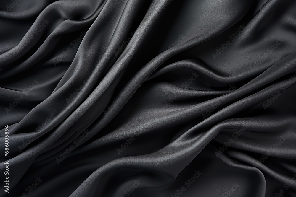 Obraz premium Closeup of rippled black silk fabric texture. 3d render illustration, Abstract background of black fabric, AI Generated