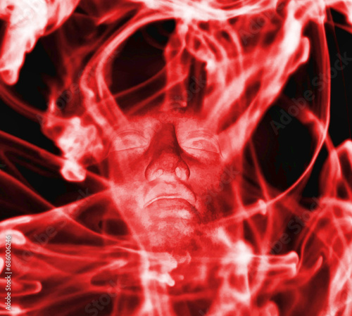 Face into the smoke. Digital illustration art. Not AI !