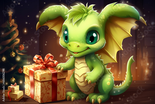 Green cute dragon in full size holding a box © Shanila