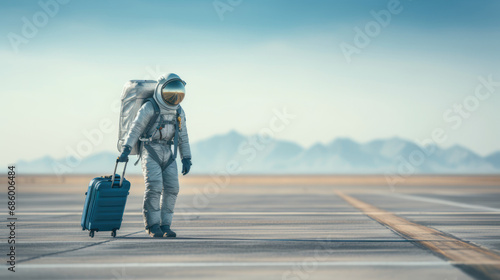Astronaut with Suitcase Walking on a Desert Road