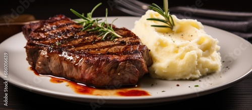Grilled ribeye steak with mashed potatoes on a plate.