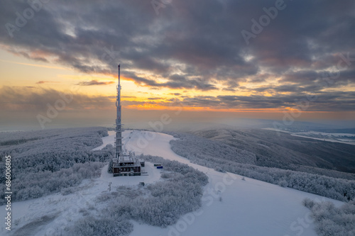 Winter photos of the highest mountain of the White Carpathians. Big Javorina. Transmitter on the kopje at sunset.  © Stanislav