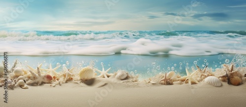Ocean waves crash, beach sand holds seaweed and shells.