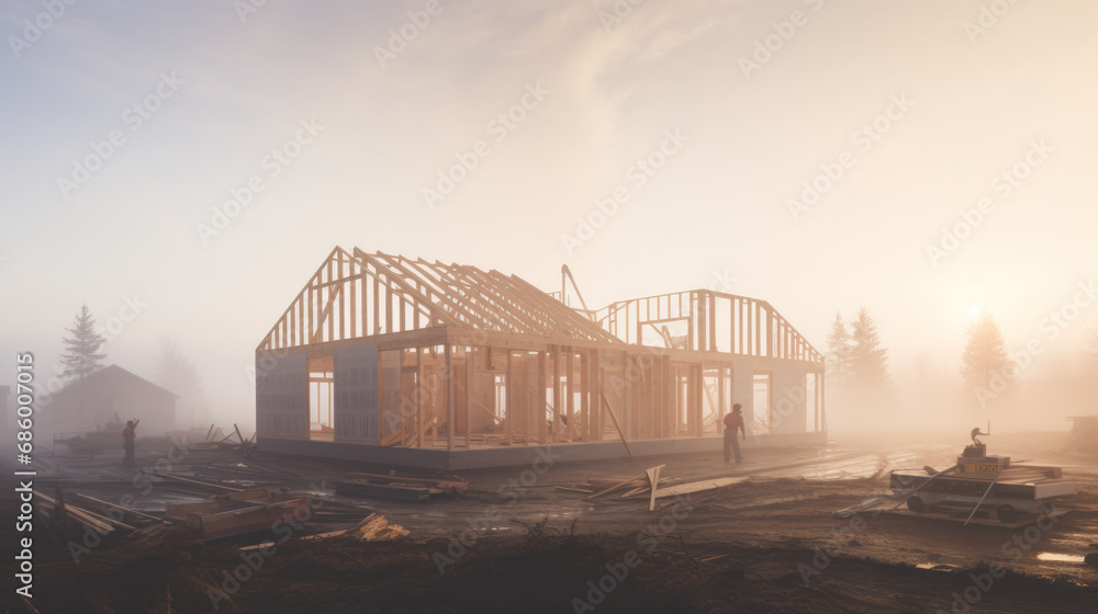 Construction Site in Foggy Morning