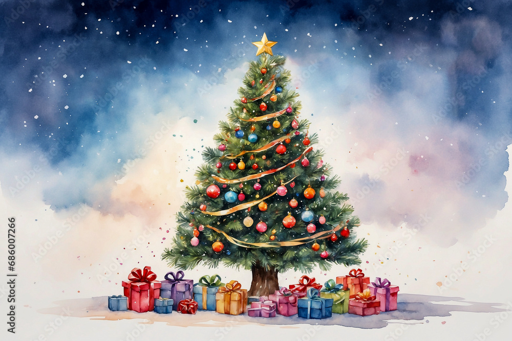 Obraz premium Beautiful Christmas tree decorated with toys, tinsel, garland over watercolor snow background . Holiday greeting card design. Merry Christmas and Happy New Year. Generative AI