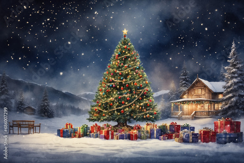 Traditional Christmas tree decorated with toys, tinsel and garland, watercolor style on a snowy winter landscape. Holiday greeting card design. Merry Christmas and Happy New Year. Generative AI