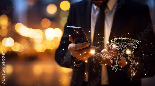 Businessman using mobile smart phone. Business global internet connection application technology and digital marketing, Financial and banking, Digital link tech. generative ai.