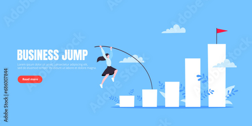 Businesswoman jumps pole vault over graph bars flat style design vector illustration.