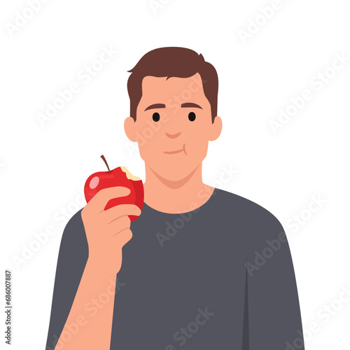 Cute young man eating apple. Flat vector illustration isolated on white background