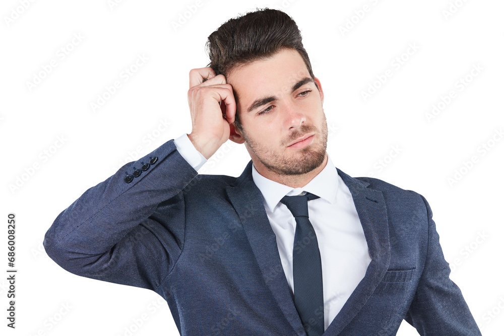 Thinking, confused and business man with doubt, problem solving or planning strategy isolated on a transparent png background. Professional lawyer question decision, solution and reflection of idea Thinking, confused and business man with doubt, problem solving or planning strategy isolated on a transparent png background. Professional lawyer question decision, solution and reflection of idea