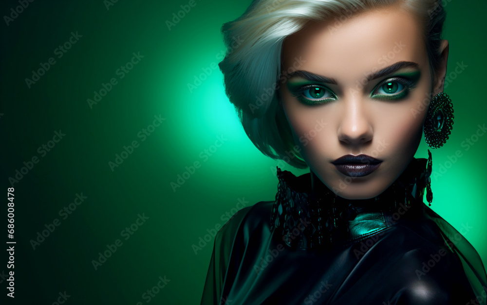 Fototapeta premium Girl in Intense Emerald Fashion. Glamour in Black and Green