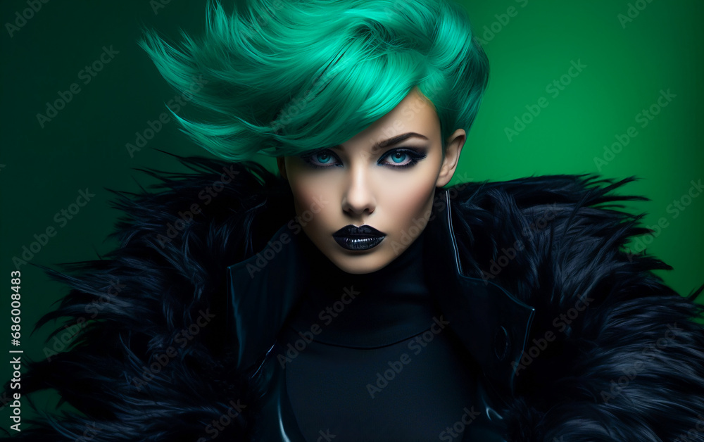 Girl in Intense Emerald Fashion.  Glamour in Black and Green