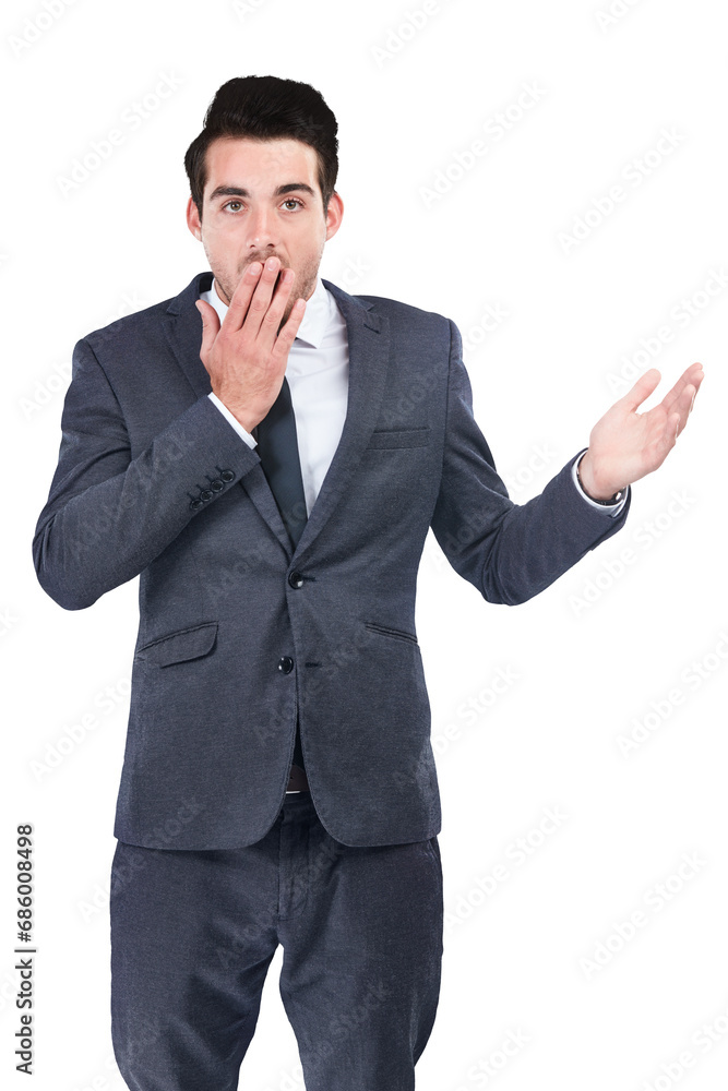 Portrait, surprise and business man cover mouth, shocked and react to corporate announcement, notification or news. Gasp, sales alert and professional person isolated on transparent, png background Portrait, surprise and business man cover mouth, shocked and react to corporate announcement, notification or news. Gasp, sales alert and professional person isolated on transparent, png background