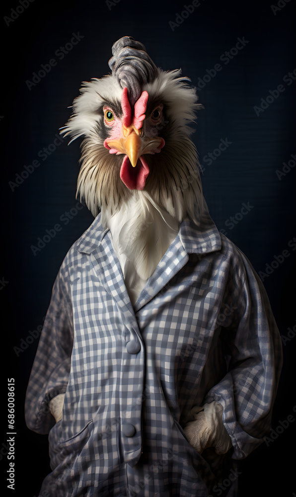 portrait of chicken dressed in pyjamas. funny fashion portrait of an anthropomorphic animal, posing with a charismatic human attitude