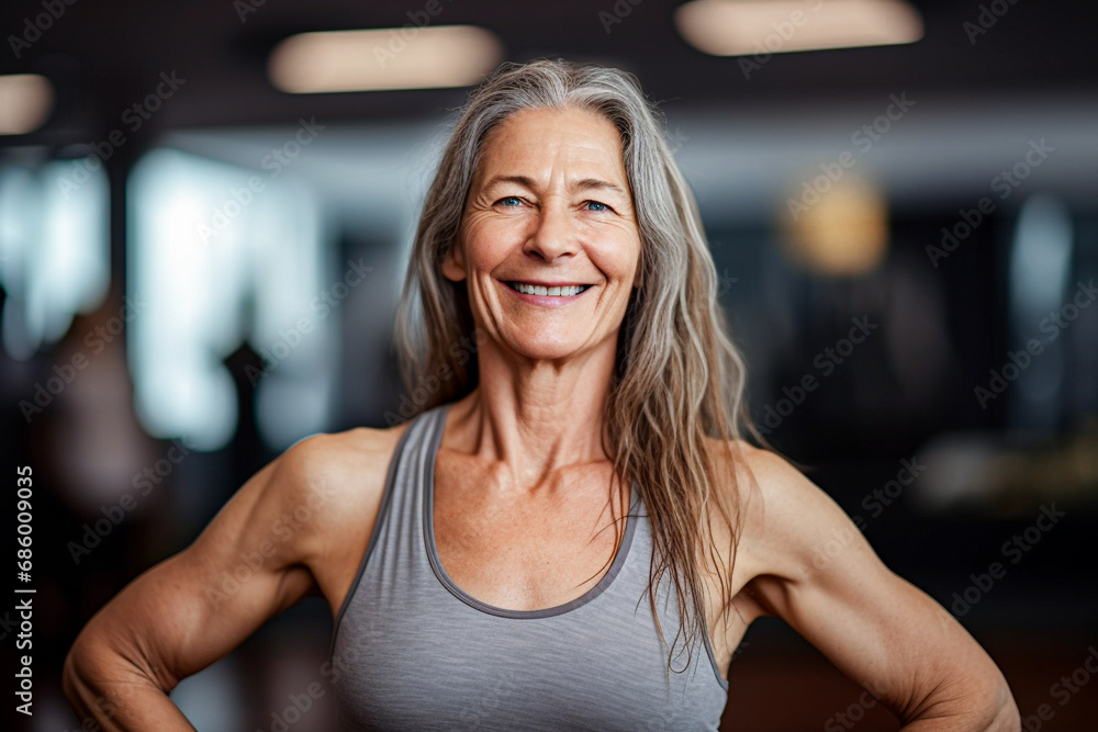 Portrait of a happy senior woman smiling at camera in a gym. Selective Focus