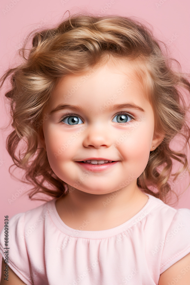 Happy Little Girl Portrait. Joyful Child in a Pink World Happy Little Girl Portrait. Joyful Child in a Pink World