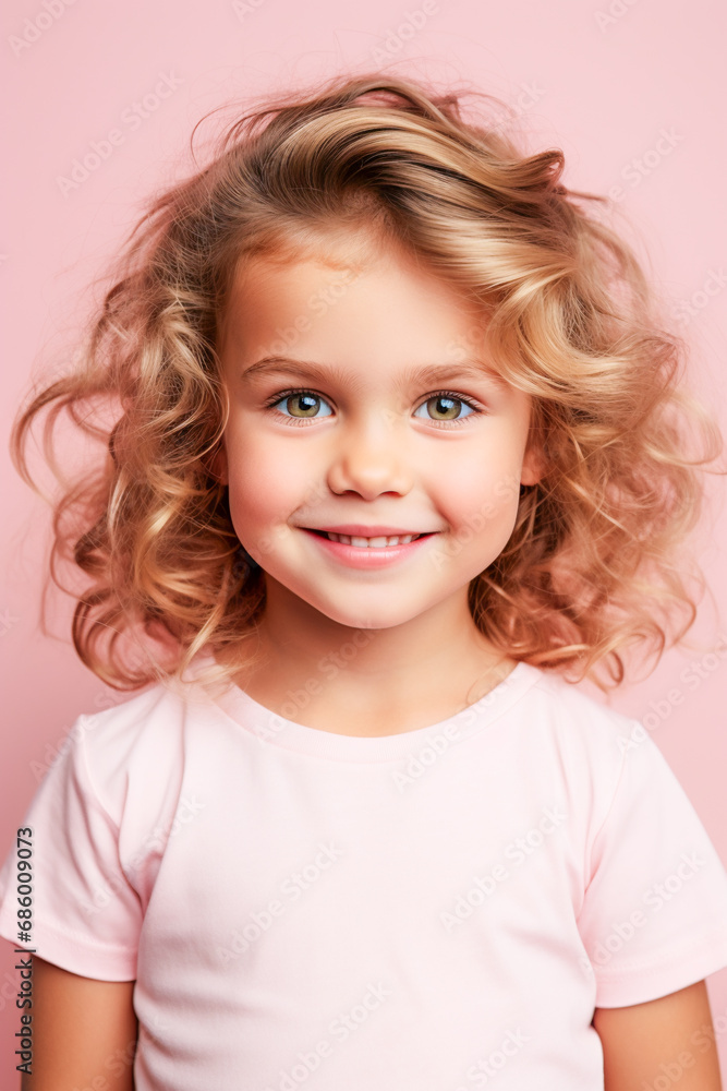 Happy Little Girl Portrait. Joyful Child in a Pink World Happy Little Girl Portrait. Joyful Child in a Pink World