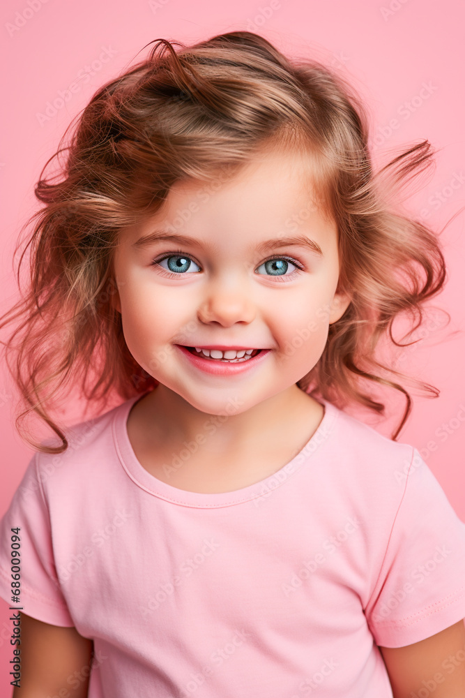 Happy Little Girl Portrait. Joyful Child in a Pink World Happy Little Girl Portrait. Joyful Child in a Pink World