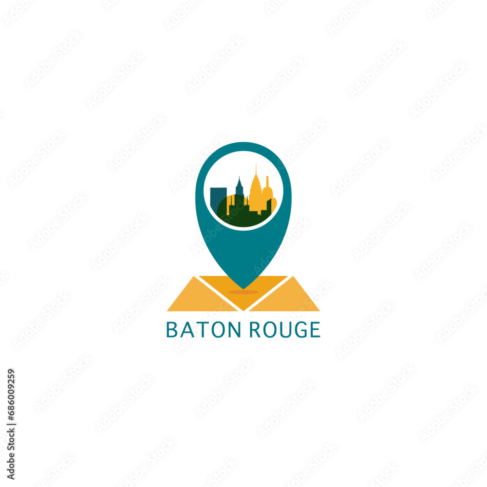US Baton Rouge city map pin point geolocation modern skyline vector logo icon isolated illustration. USA Louisiana state pointer emblem with landmarks and building silhouettes US Baton Rouge city map pin point geolocation modern skyline vector logo icon isolated illustration. USA Louisiana state pointer emblem with landmarks and building silhouettes