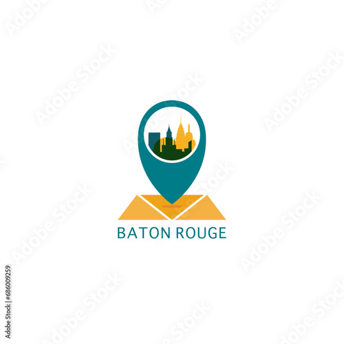 US Baton Rouge city map pin point geolocation modern skyline vector logo icon isolated illustration. USA Louisiana state pointer emblem with landmarks and building silhouettes