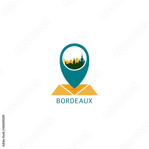 Bordeaux city map pin point geolocation modern skyline vector logo icon isolated illustration. France, Gironde pointer emblem with landmarks and building silhouettes