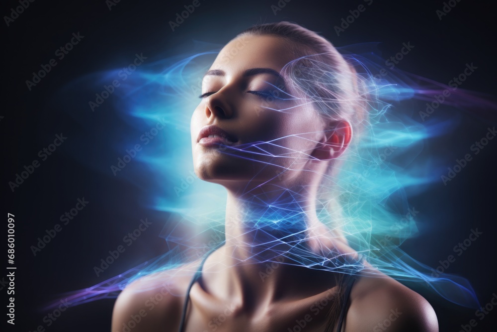 Woman with blue energy lines around her head, prana healing Woman with blue energy lines around her head, prana healing