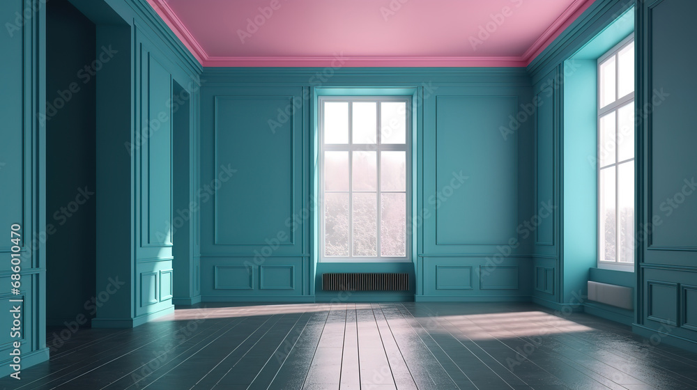 Fototapeta premium Interior of empty room background 3d render, Bright color. Generative Ai