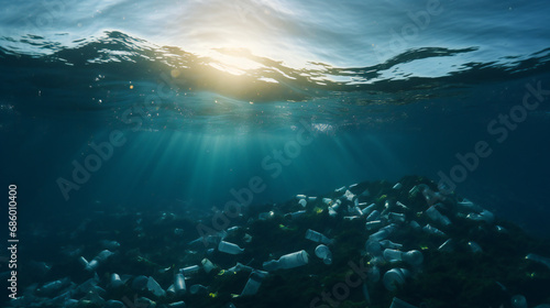 Environmental Disaster.Plastic Waste in the Sea. Ocean Garbage. Plastic Bottles and Debris