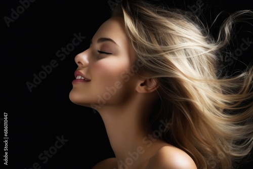 Blonde woman with hair flowing in the wind