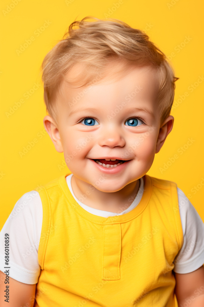 Smiling Boy on Yellow Background. Smiling Toddler with Blue Eyes Smiling Boy on Yellow Background. Smiling Toddler with Blue Eyes