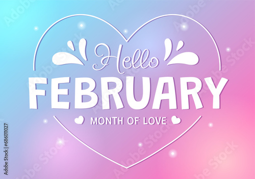 Hello February Month Vector Illustration with Flowers, Hearts, Leaves and Cute Lettering for Decoration Background in Flat Cartoon Templates