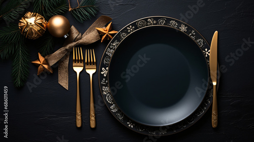 Christmas table with golden cutlery and christmas decor