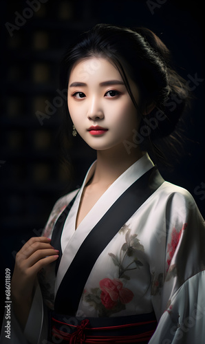 Portrait of beautiful Asian in Hanfu clothing, traditional ancient Chinese beauty, time travel fiction