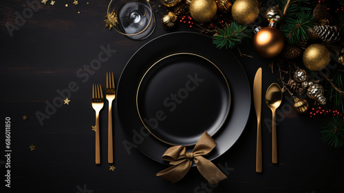 Christmas table with golden cutlery and christmas decor