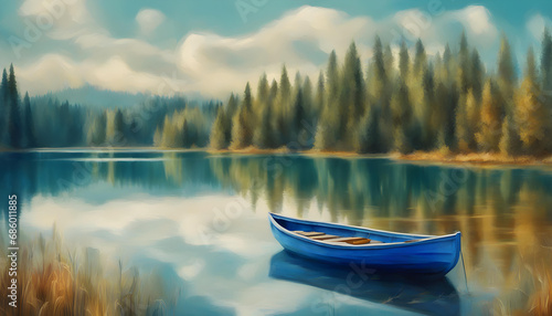 Blue boat on the lake near the wild forest.