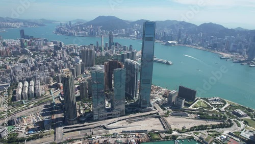 West Kowloon Cultural Area, A Waterfront Leisure Promenade Palace Museum Freespace near Tsim Sha Tsui, Central, Victoria Harbour, Hong Kong in the background, Aerial drone skyview photo